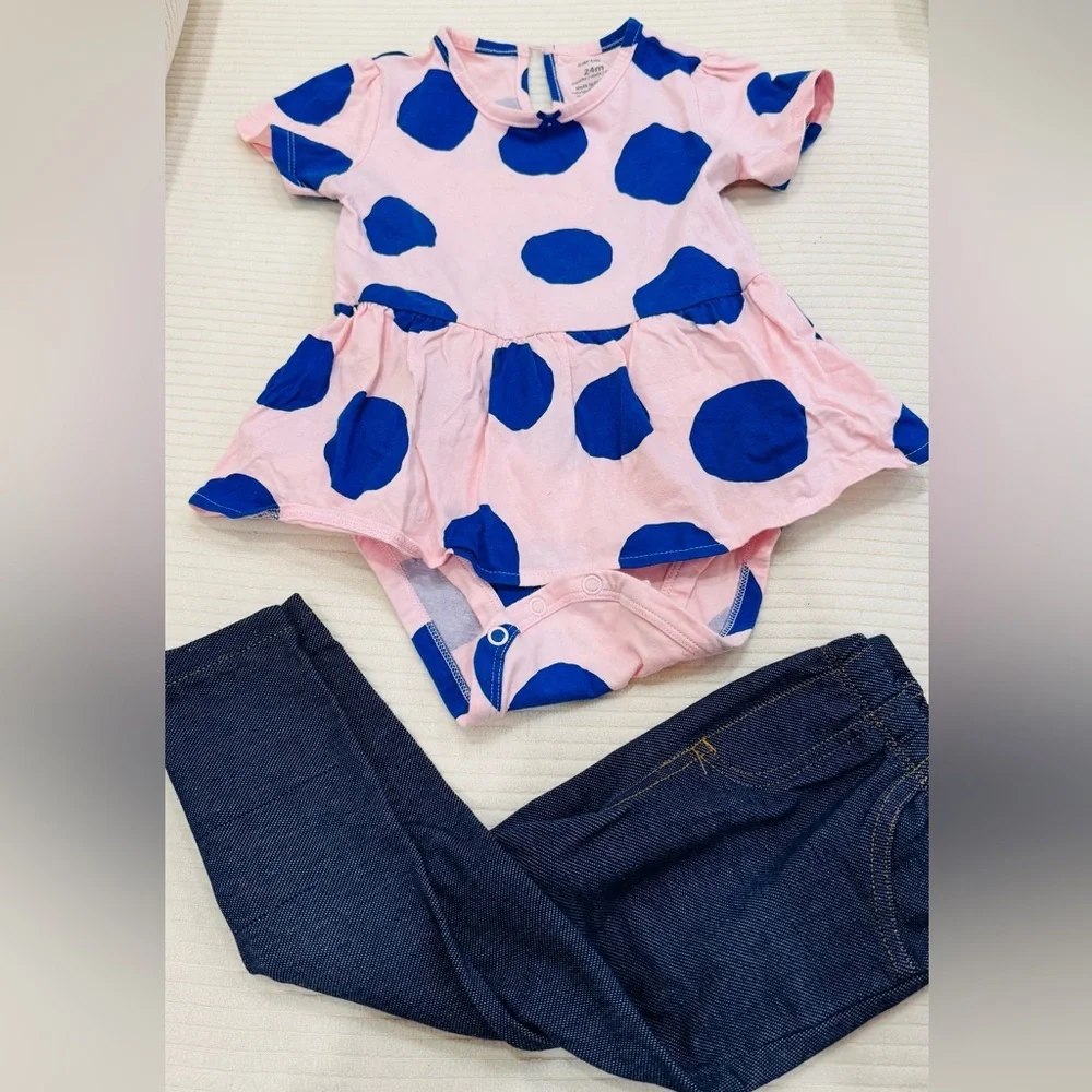 Carter's Pink Dress with Navy Blue Polka Dots Denim Leghing VGUC 24 Month